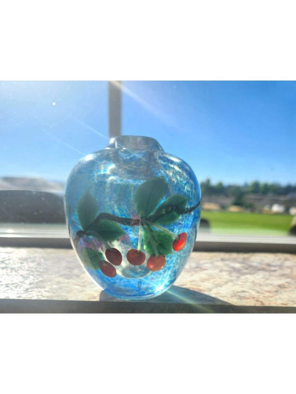 1983 Orient & Flume Handblown Art Glass Vase Paperweight With Cherry Motif Signe